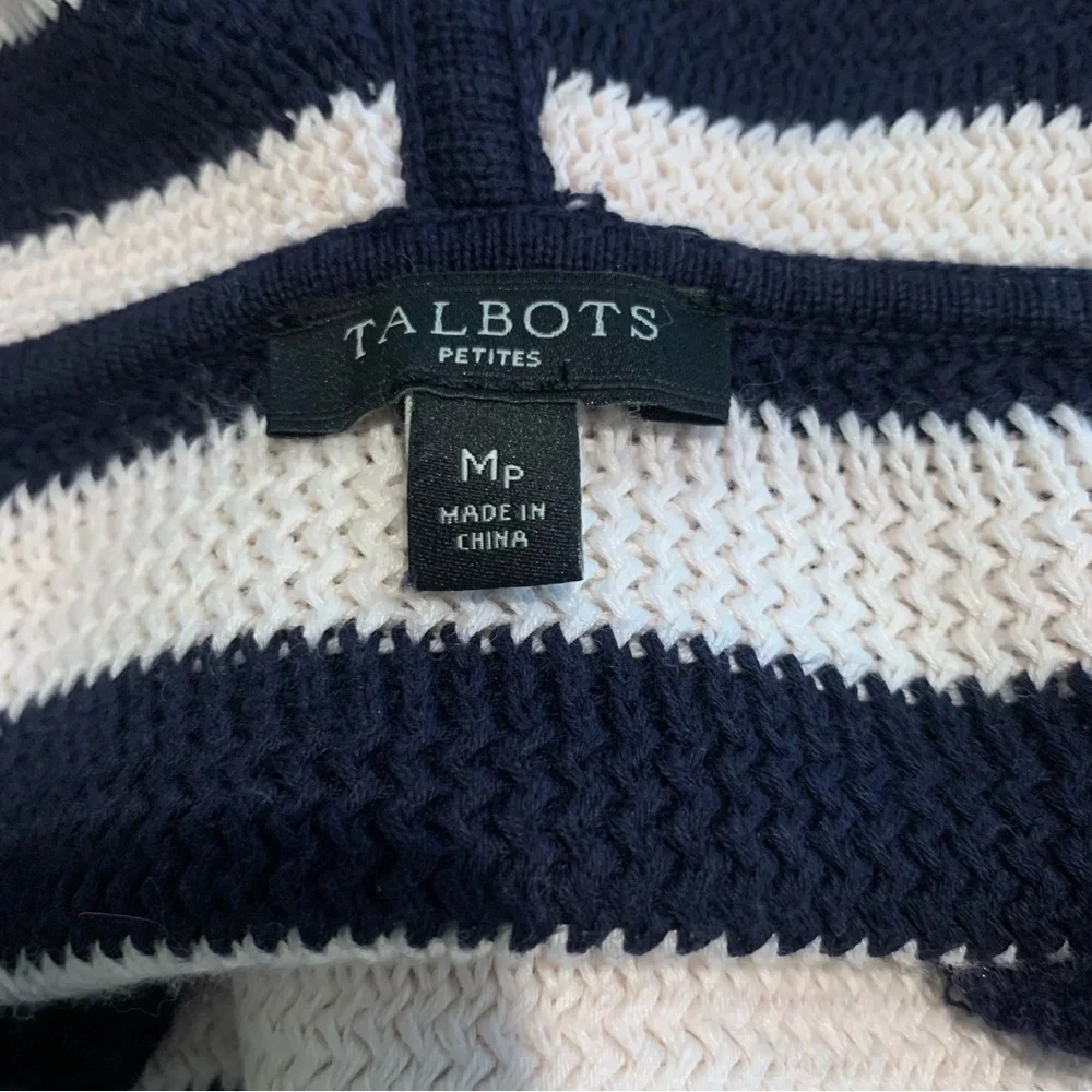 Talbots Navy Ivory Striped V-Neck Cotton Blend Sweater Hood Pull-Over Size MP‎